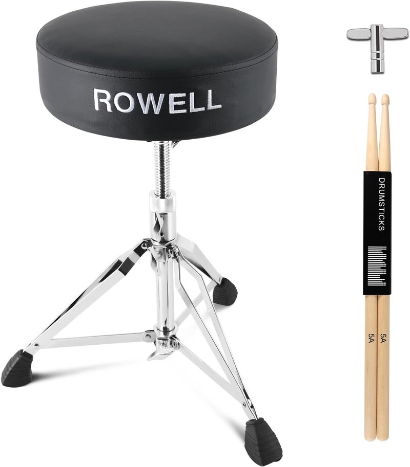 ROWell Drum Throne Adjustable Drum Stool Lightweight Drum Seat Soft Drum Stools for Kids Widen Thick-Padded Electric Drum Kit Thrones Max Weight 330Lb Drum Set Stool for Adults Women Drummers(Blcak) - Image 1